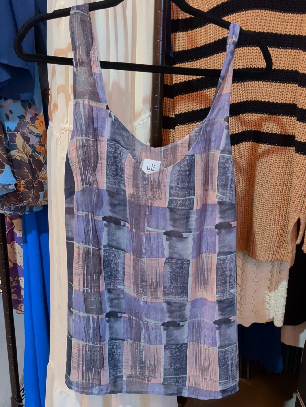 CAbi Lavender and Pink Checkprint Scoop Neck Mini Dress